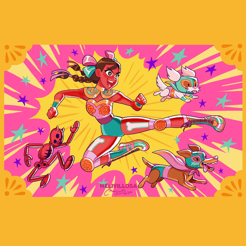 Luchadora de Día de Muertos, illustration by Melissa Ballesteros